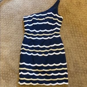 One shoulder lily pulitzer navy and gold dress